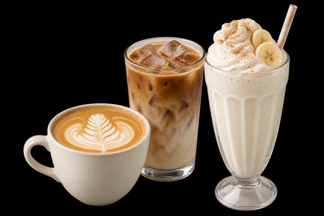 Latte, ice latte ve milkshake yan yana